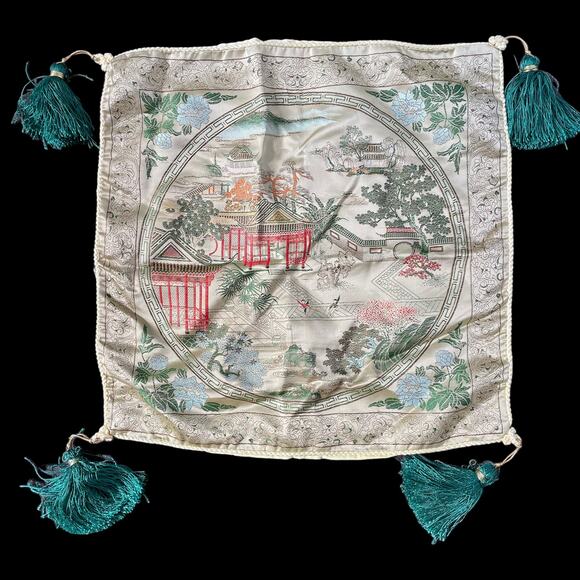 Brocaded Flowers Oriental Pillow Case with Tassels Asian Sham Cover Vtg READ - Picture 16 of 16